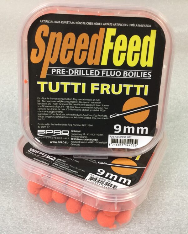 spro speed feed tutti-frutti 9mm pre-drilled fluo boilies - Afbeelding 2